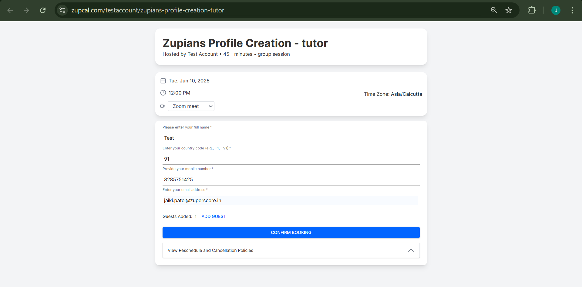 Booking Confirmation Form