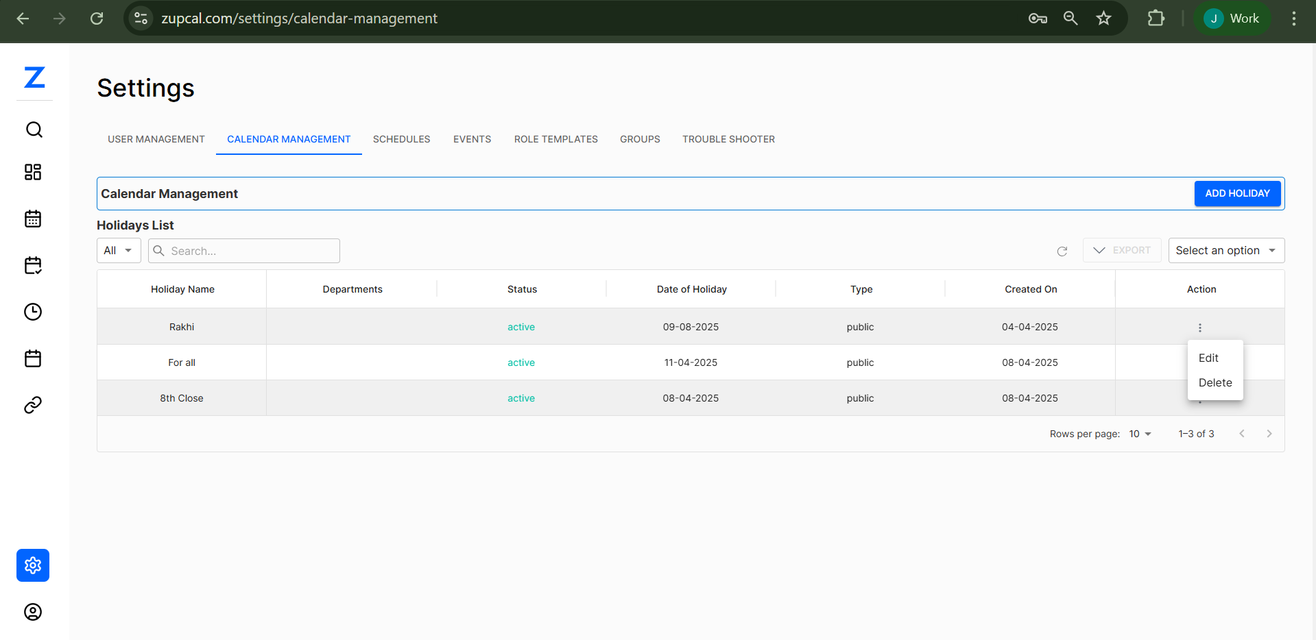 Holidays List Interface