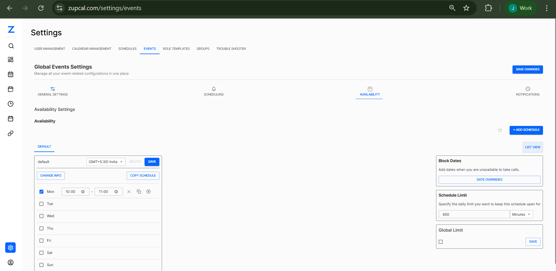 Availability Settings