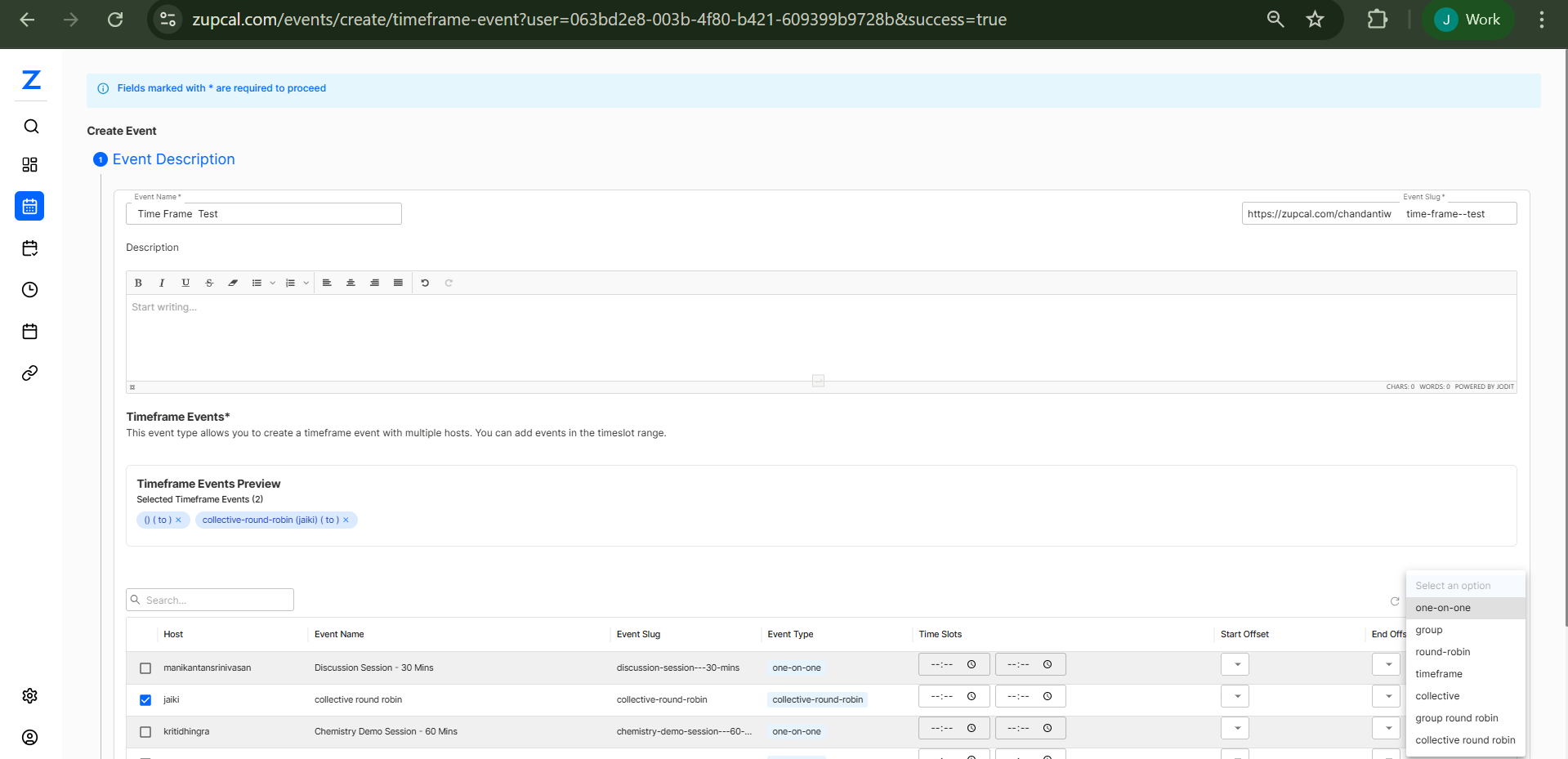 Time Frame Event Creation