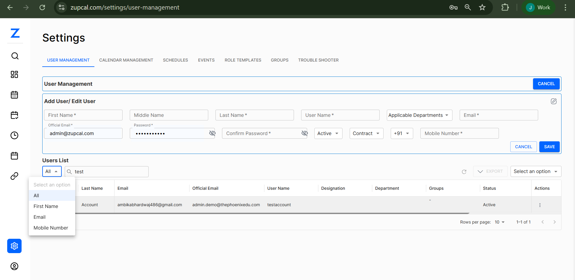 User Management Interface
